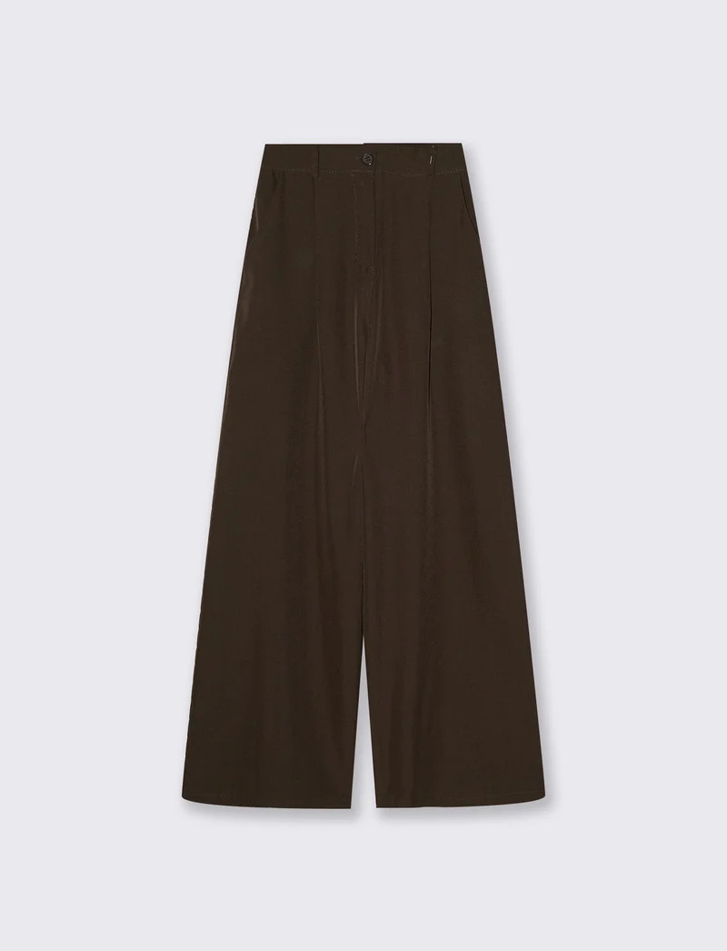 Pantaloni palazzo con pences e chiusura a bottone - Moro