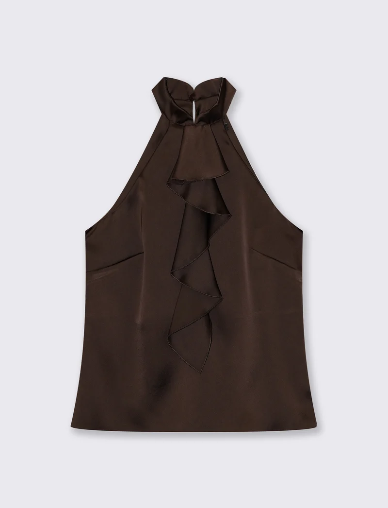 Top in raso con scollo americano e rouche frontale - Moro