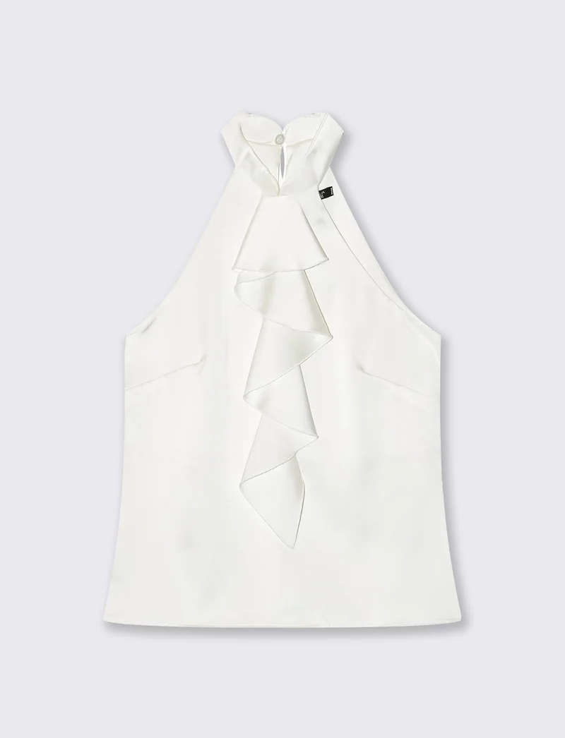 Top in raso con scollo americano e rouche frontale - Bianco latte