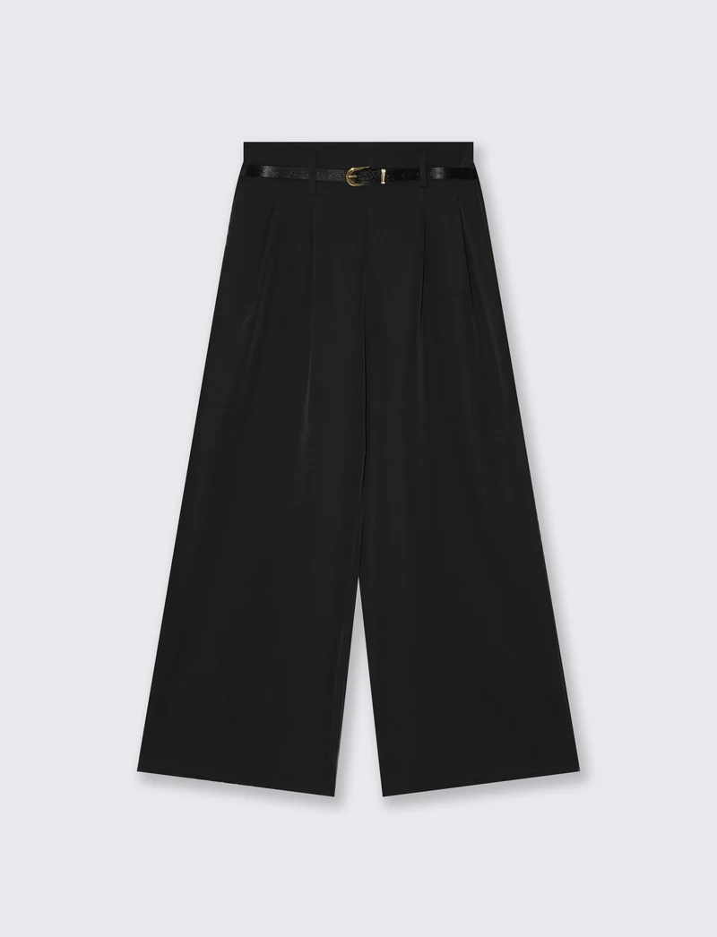 Pantaloni ampi con pences e cintura - Nero