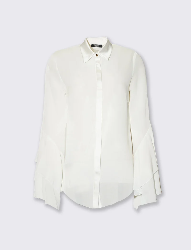 Camicia in georgette con inserti in raso e maniche a volant - Bianco latte