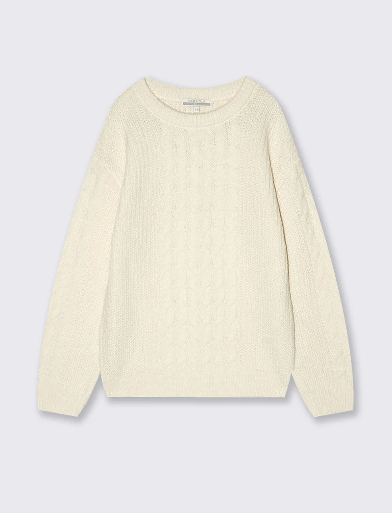 Maglione girocollo a trecce e coste - Beige