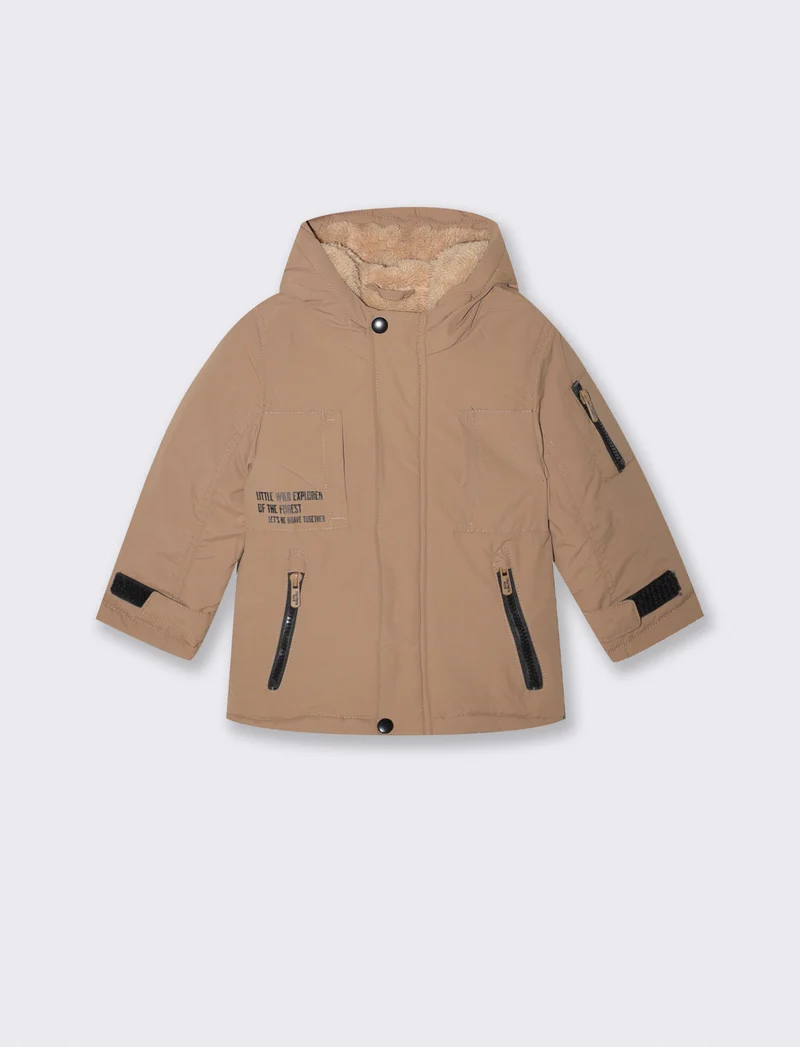 Giaccone con cappuccio e pelliccia calda - Beige