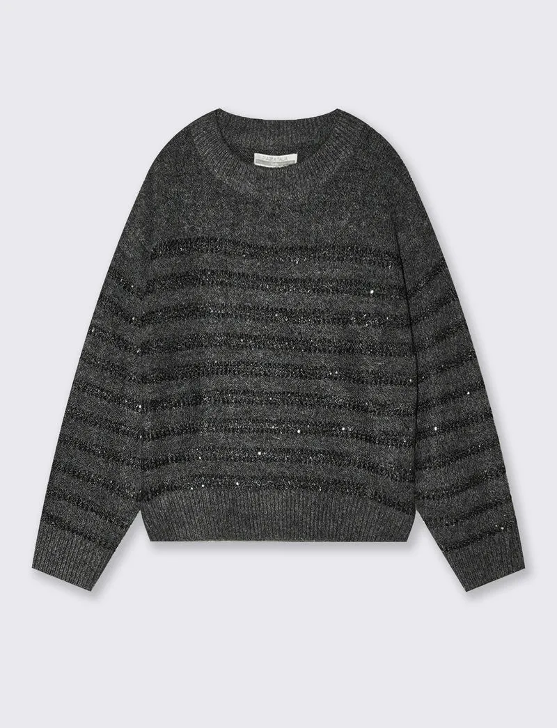 Pullover righe e micro-paillettes brillanti - Grigio