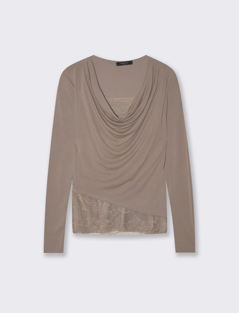 Tshirt con dettagli in pizzo - Grigio fango