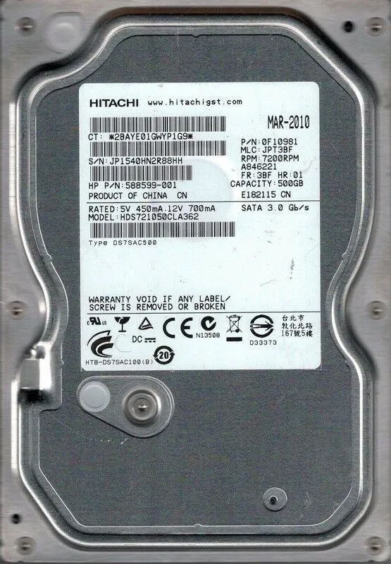 HITACHI HDS721050CLA362 500GB 7.2K SATA 3.5" HARD DRIVE 0F10981