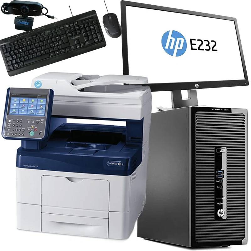 Bundle completo HP ProDesk 405 G2 MT | AMD 2.4Ghz | 8Gb Ram | SSD 256Gb | Windows 10 Pro + Monitor HP 23" Full HD + Multifunzione laser a colori Xerox WorkCentre 6655I + Mouse, tastiera e webcam