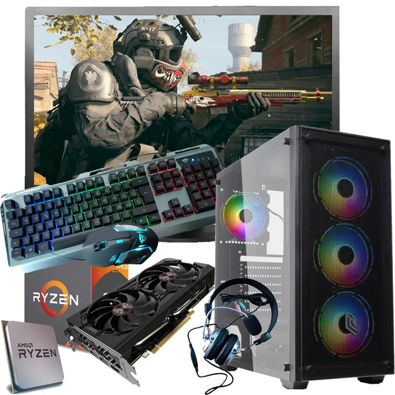 Bundle Pc Gaming Ryzen 5 | AMD RX 5500 XT 8Gb | 16 Gb Ram DDR4 | 256Gb M.2 + 1Tb Sata | Monitor 27" AOC 2ms | Kit Mouse e tastiera Gaming RGB | Headset Cuffie e microfono | Win10 Pro| Nuovo