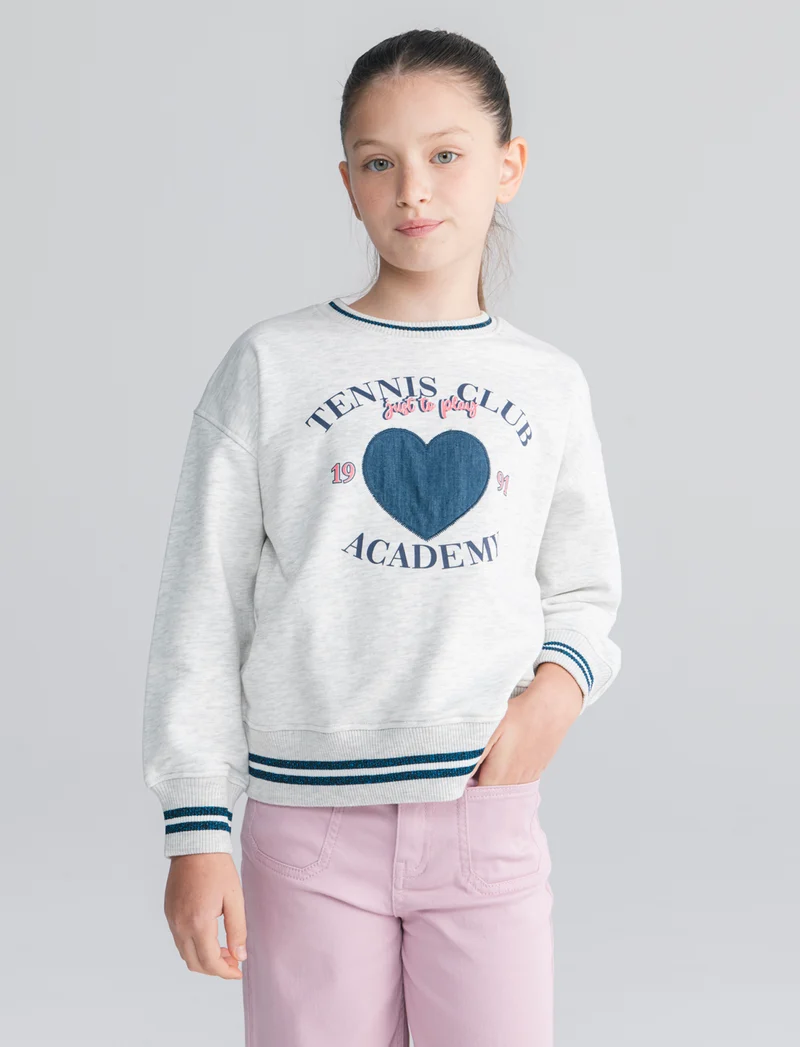 Felpa girocollo con patch denim per bimba - Grigio mel.