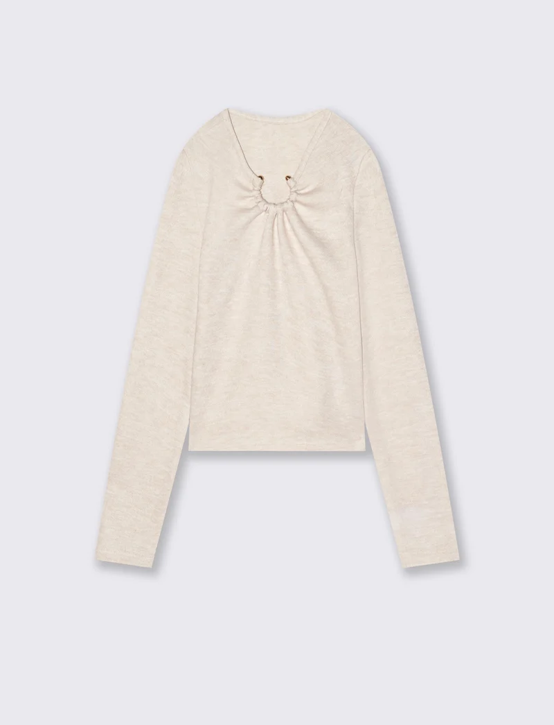 T-shirt manica lunga in maglia con scollatura decorativa. - Bianco burro