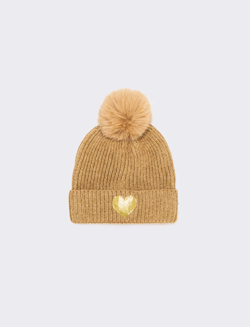 Cappello con pon pon a cuore glitter - Beige