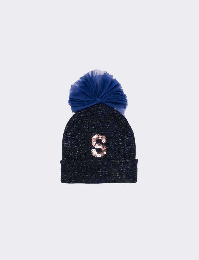 Cappello con fiocco in tulle e lettera paillettes - BLUE/BLUE