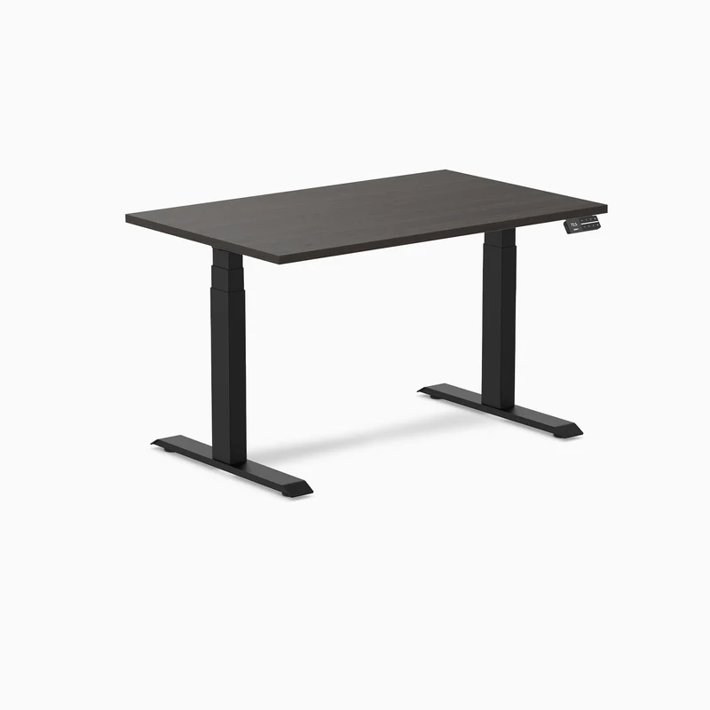 Desky Dual Melamine Sit Stand Desk 120cm Burnished Wood Desktop and Matte Black Frame