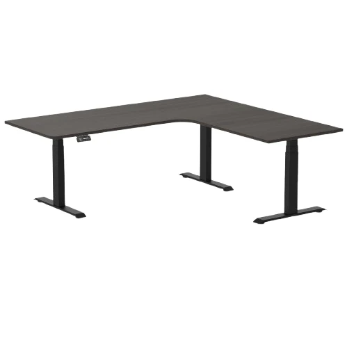 Desky L-Shape Melamine Sit Stand Desk 200cm - Right Return Black Top and Matte Black Leg