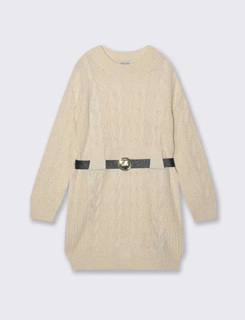 Abito in maglieria con cintura in vita - Beige
